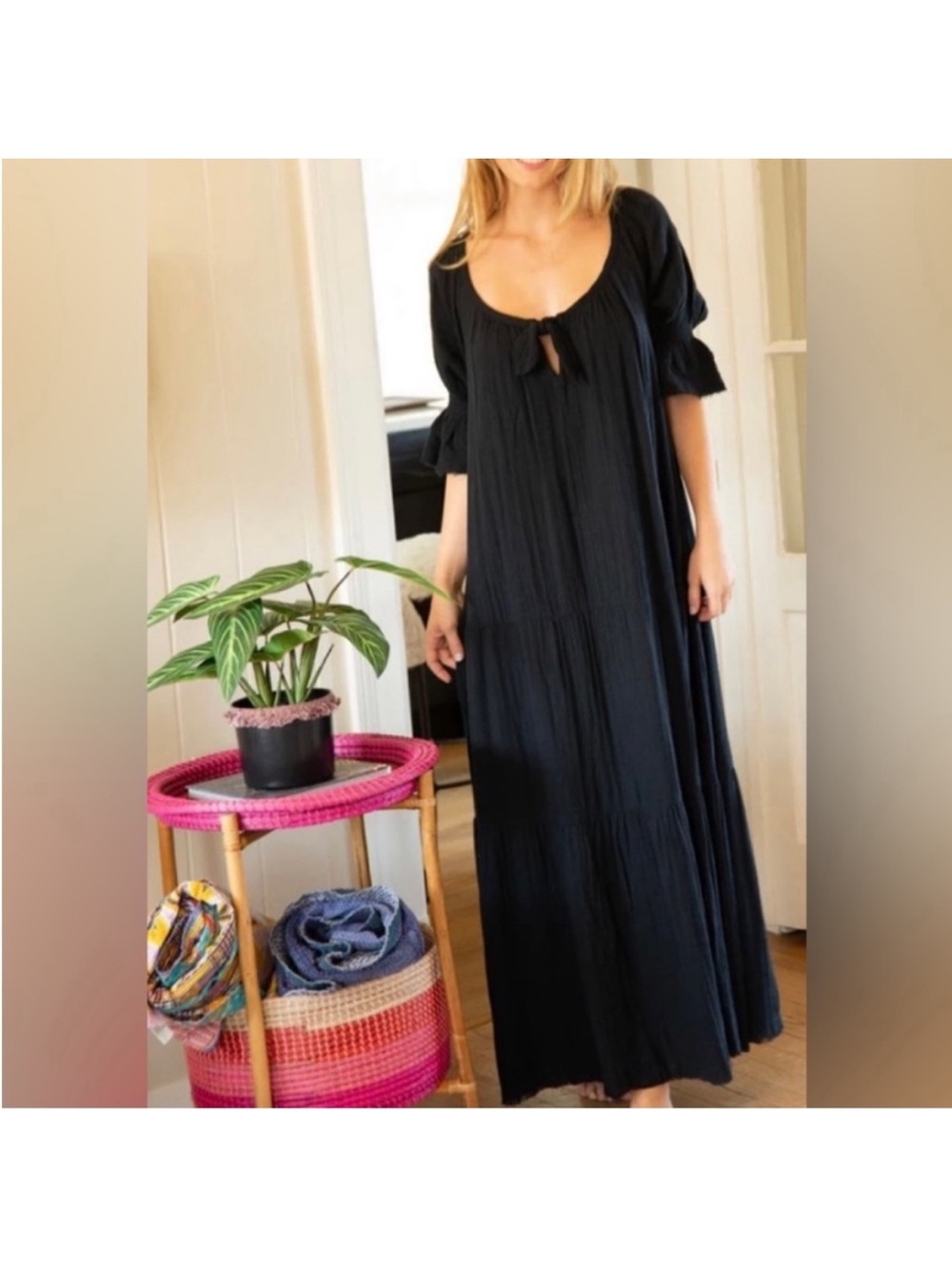 NATURAL LIFE• 100% cotton black gauze maxi dress
